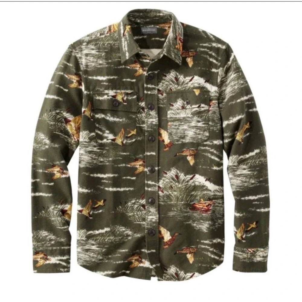 New LL Bean Slim Fit Green Duck Print Flannel Button Down Shirt Large L